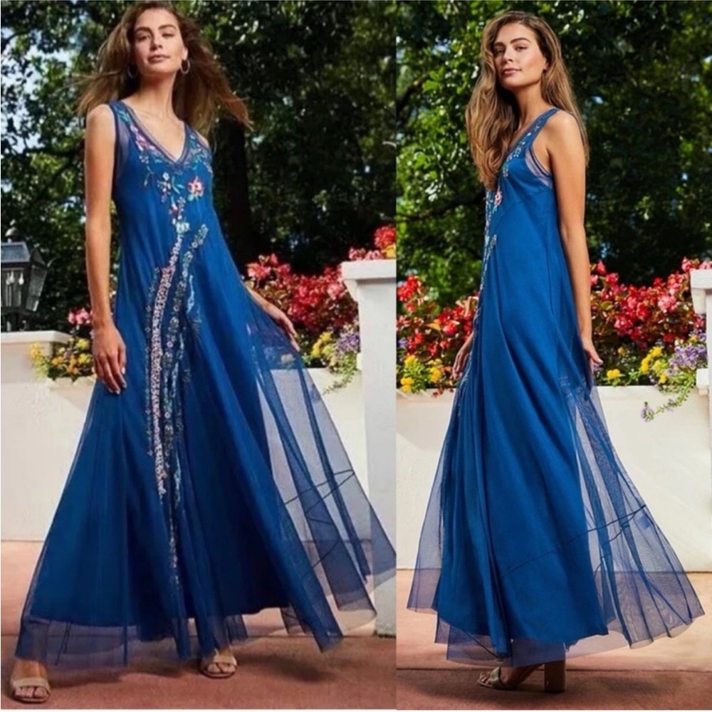 Johnny Was Royal Blue Embroidered Maxi Dress